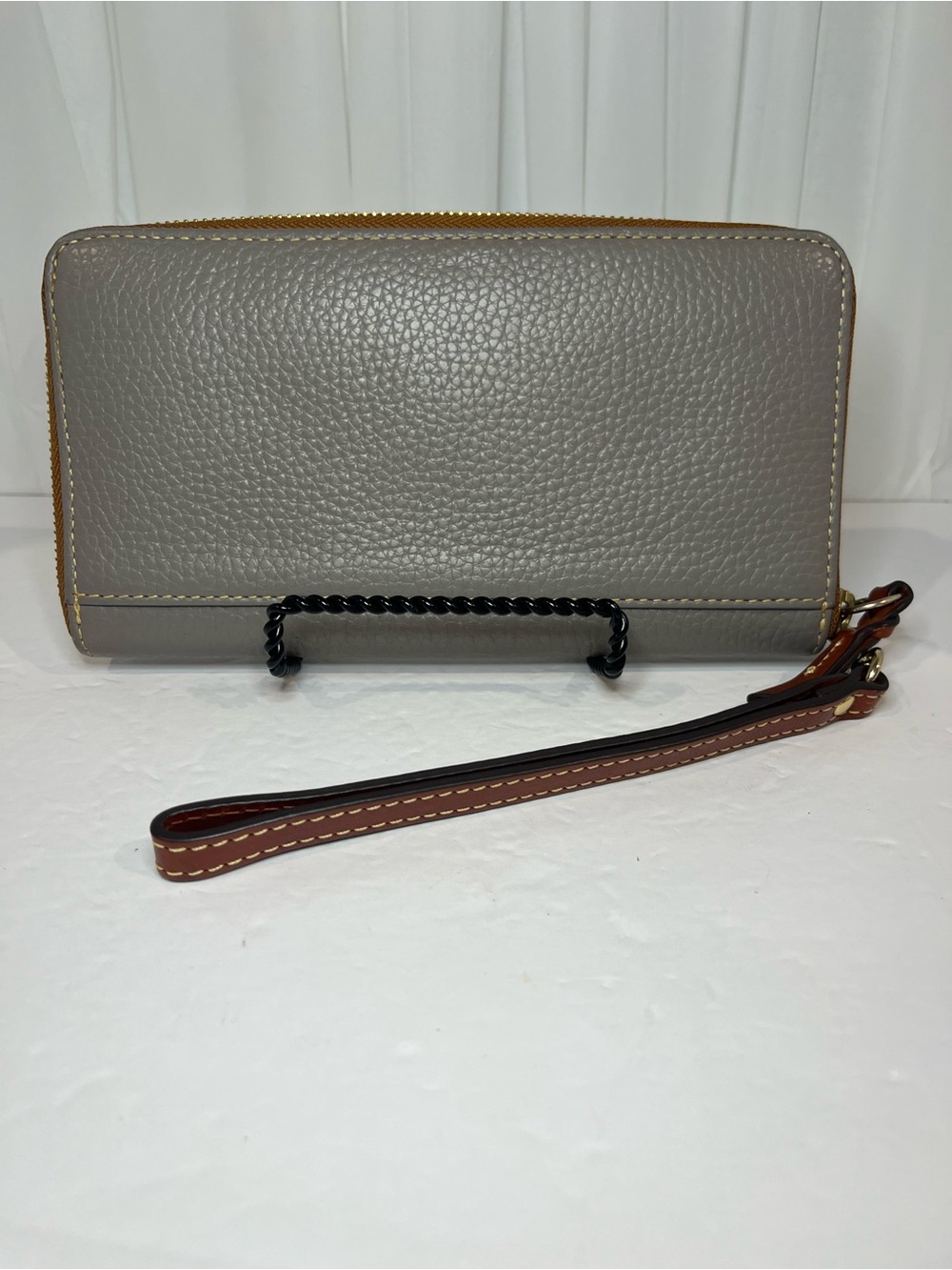 Dooney & Bourke Gray Pebbled Leather Zip Wallet with Brown Wrist Strap - Picture 2 of 5